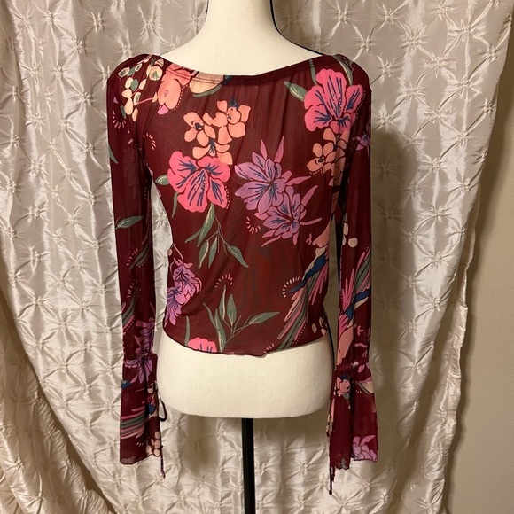 Free People Red Floral Print of Paradise Mesh Tie Front Crop Top Bell Sleeve - Picture 6 of 12